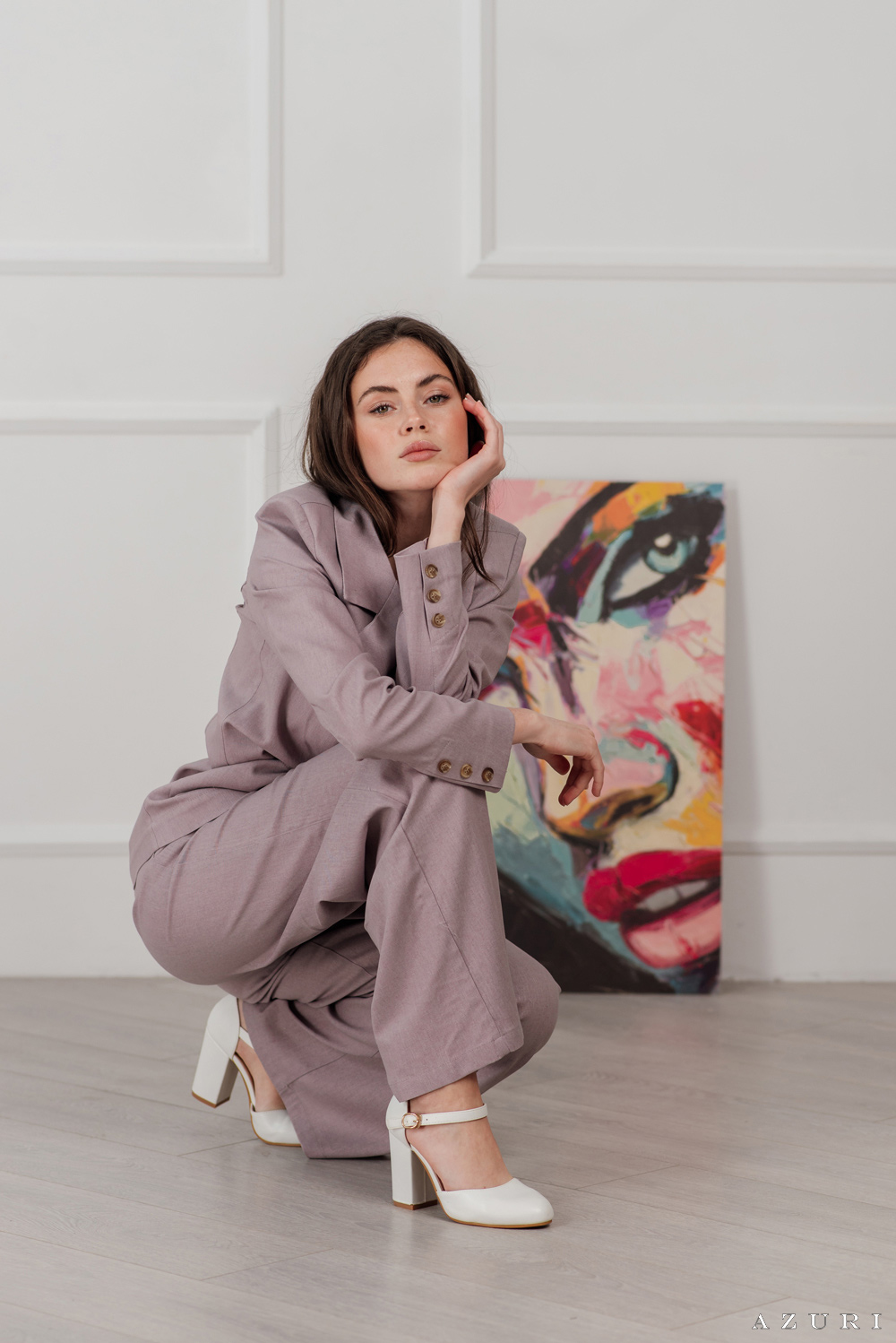 Lilac linen blazer with lapel collar