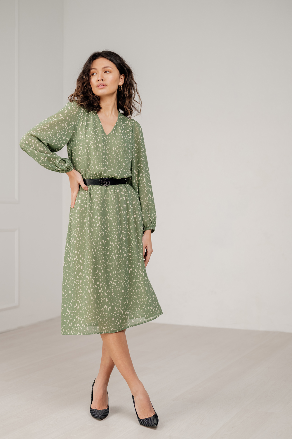Light chiffon midi dress for romantic meetings in khaki color