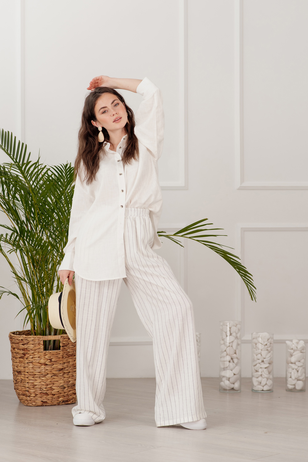 White linen suit with striped pants