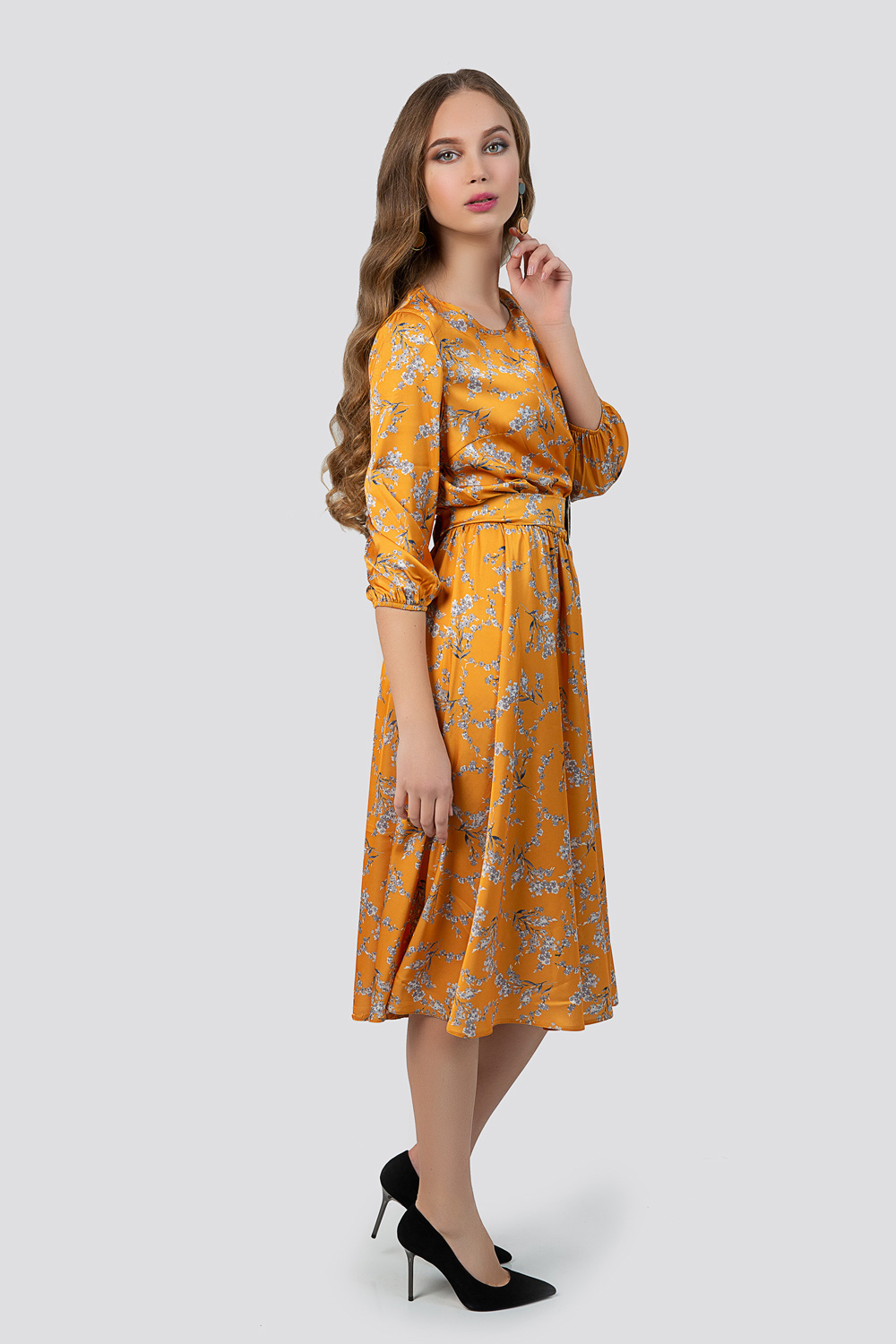 Yellow floral print silk dress