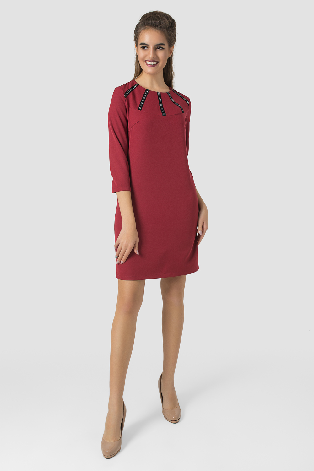 Dress with decorative trim in burgundy