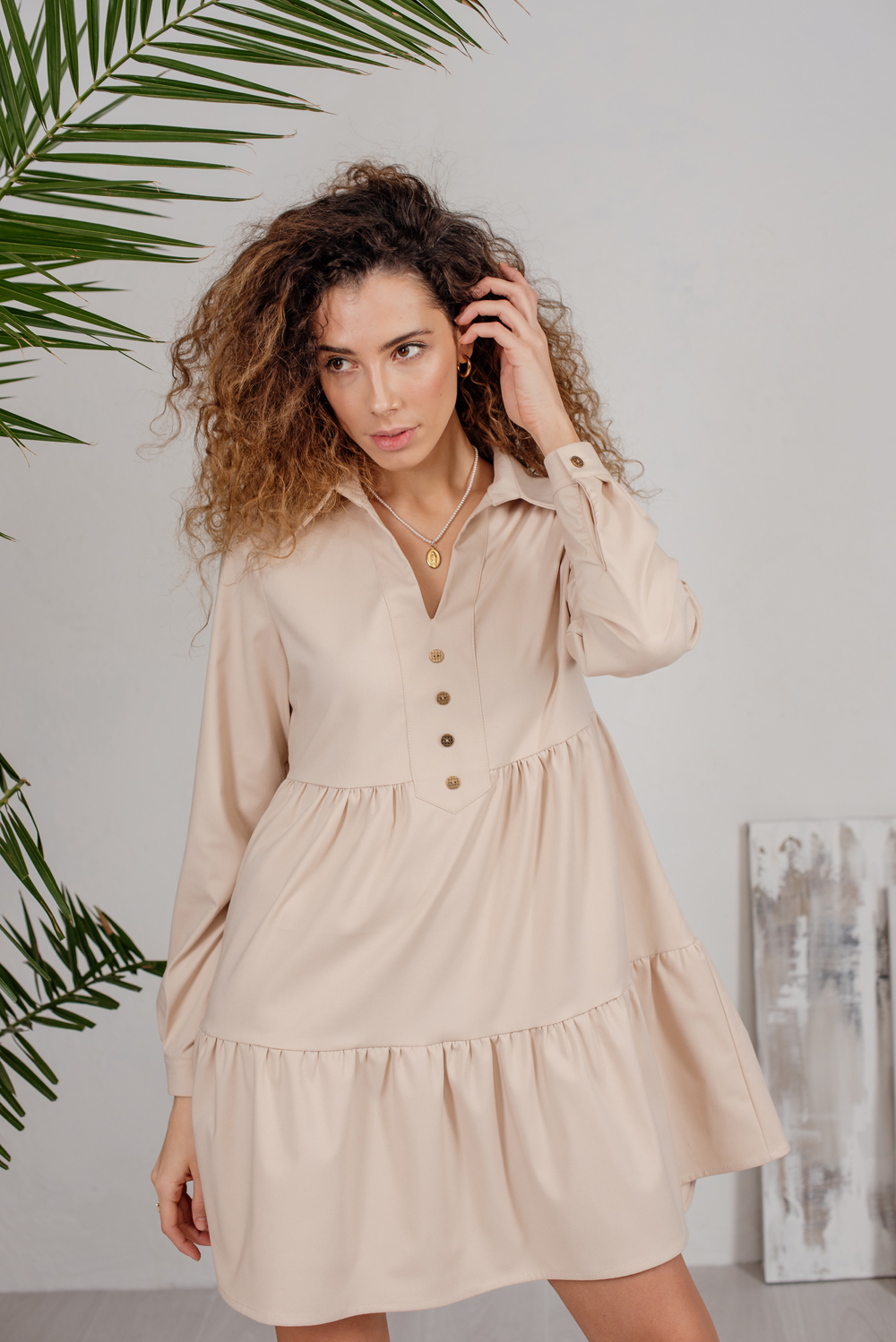 Beige tiered mini dress with buttons