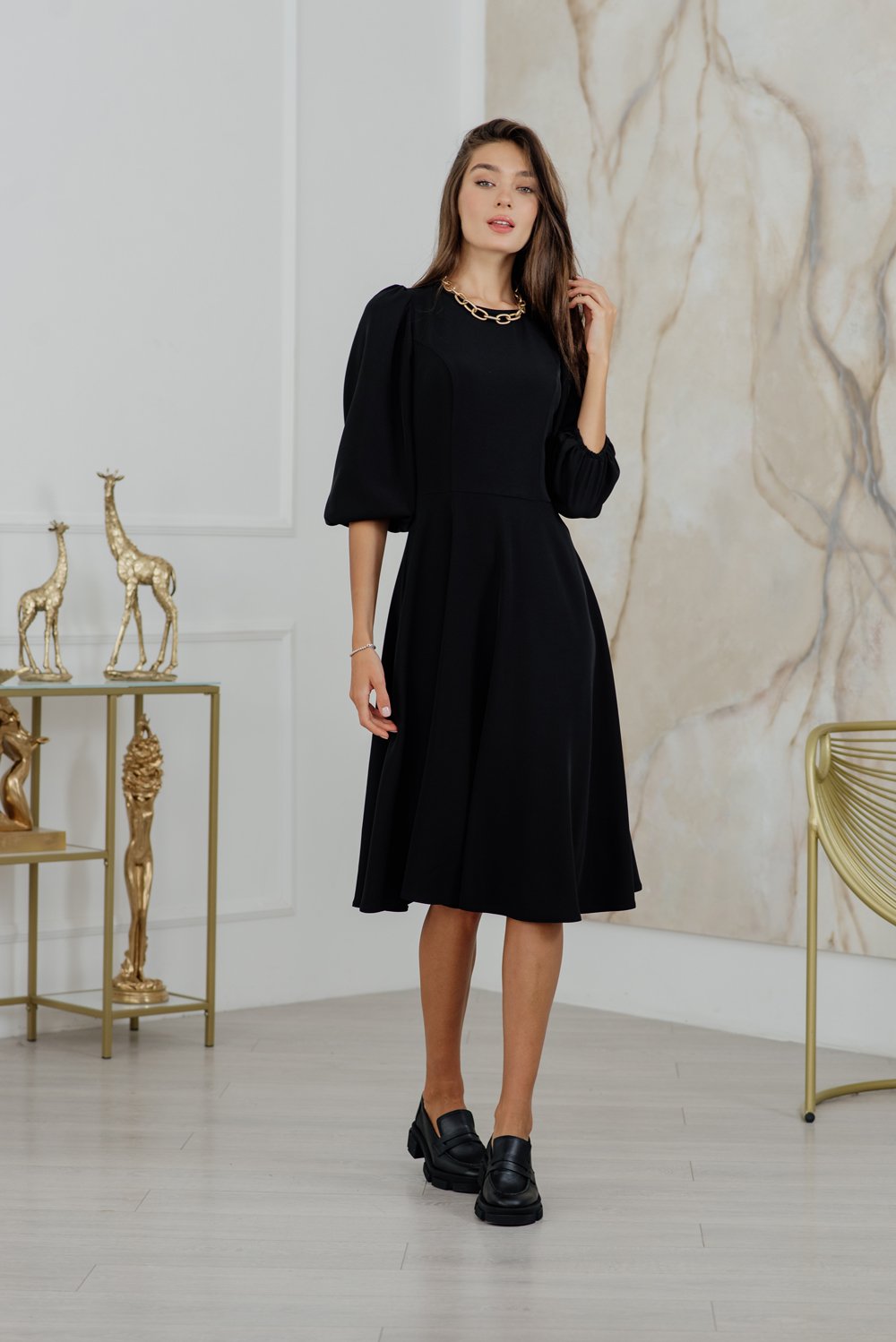 Black midi dress with wide skirt