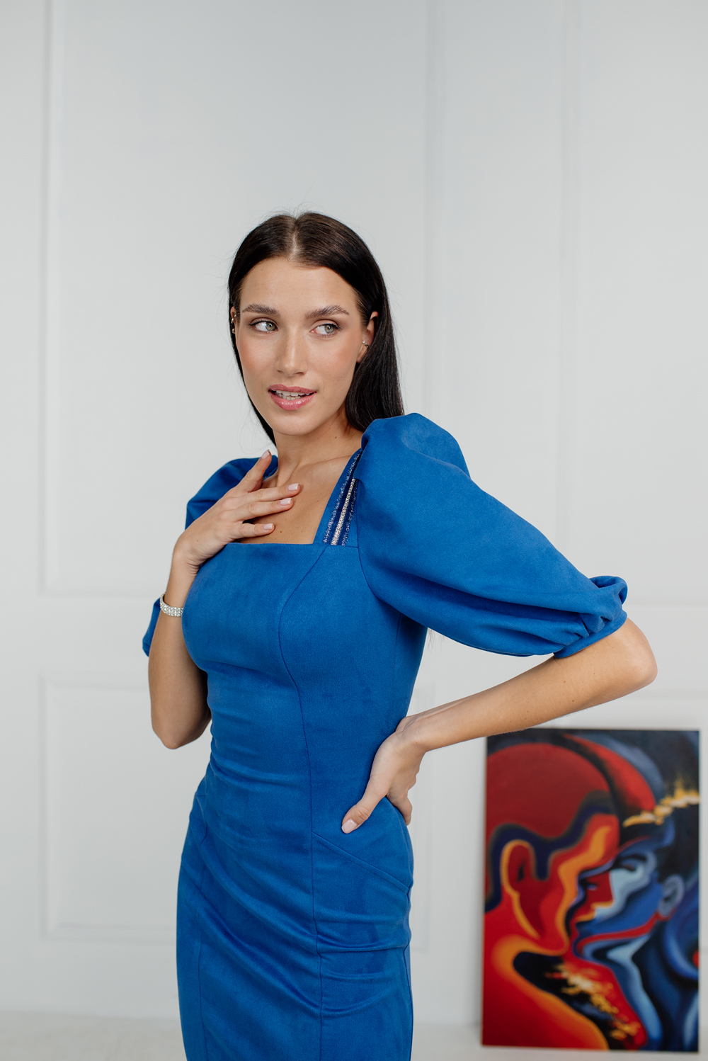 Cornflower blue midi dress with lace