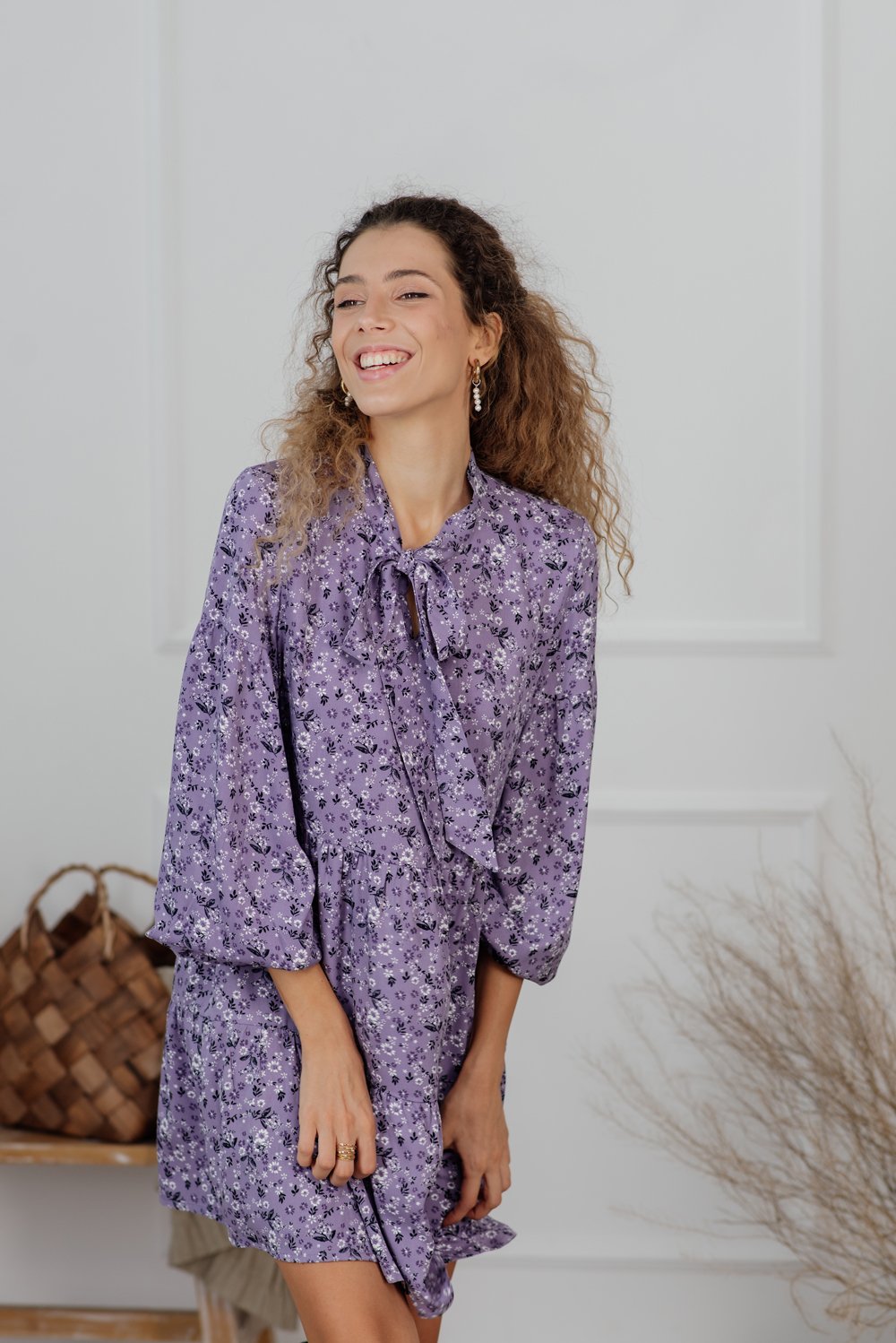 Lavender mini dress with voluminous sleeves