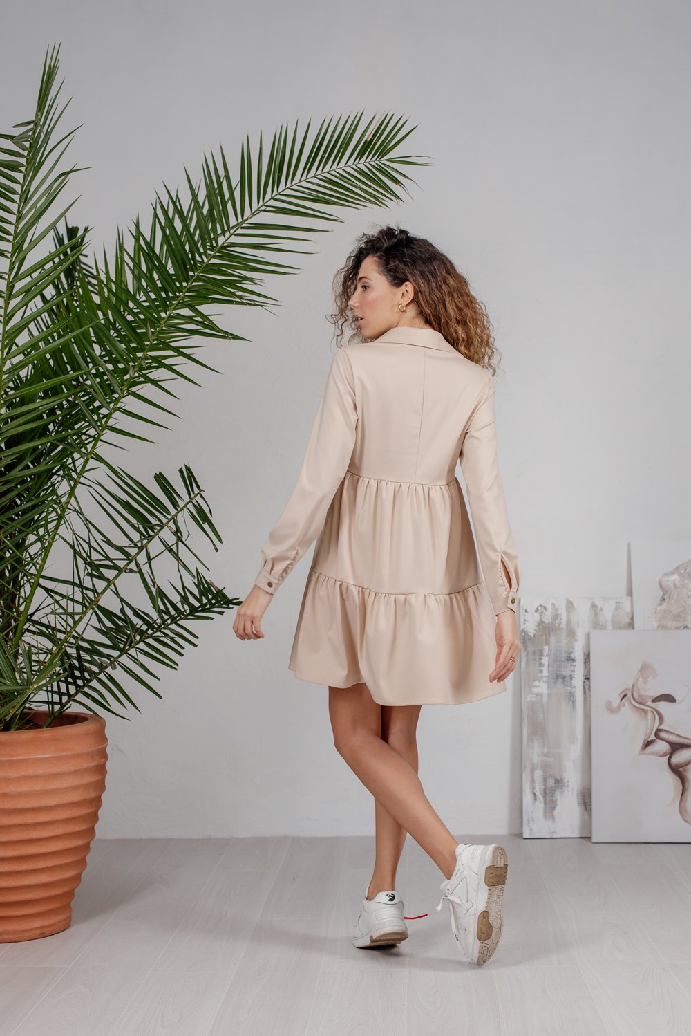 Beige tiered mini dress with buttons