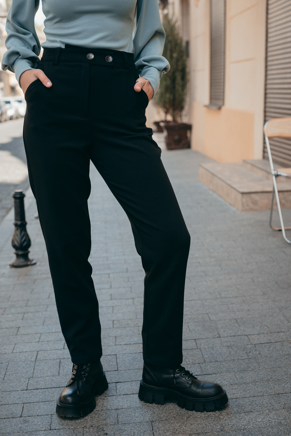 Black trousers with beveled waistband