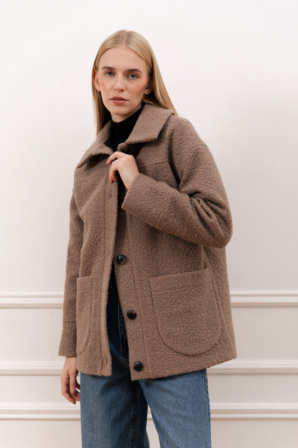 Bouclé coat in Mocha color