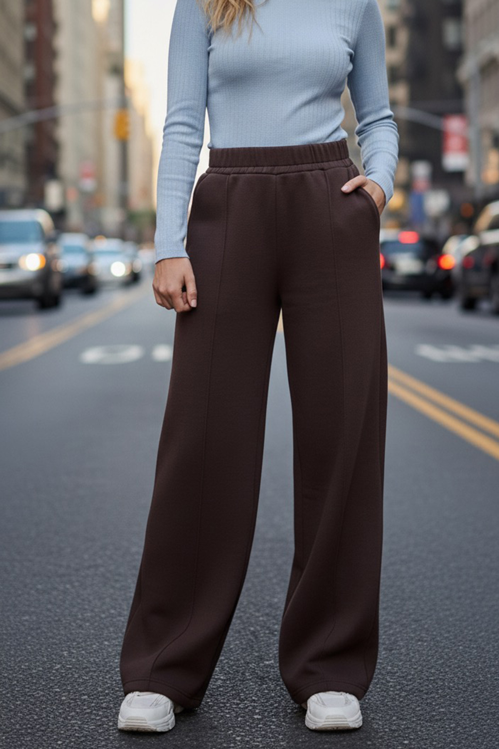 Chocolate wide-leg knit trousers with fleece lining