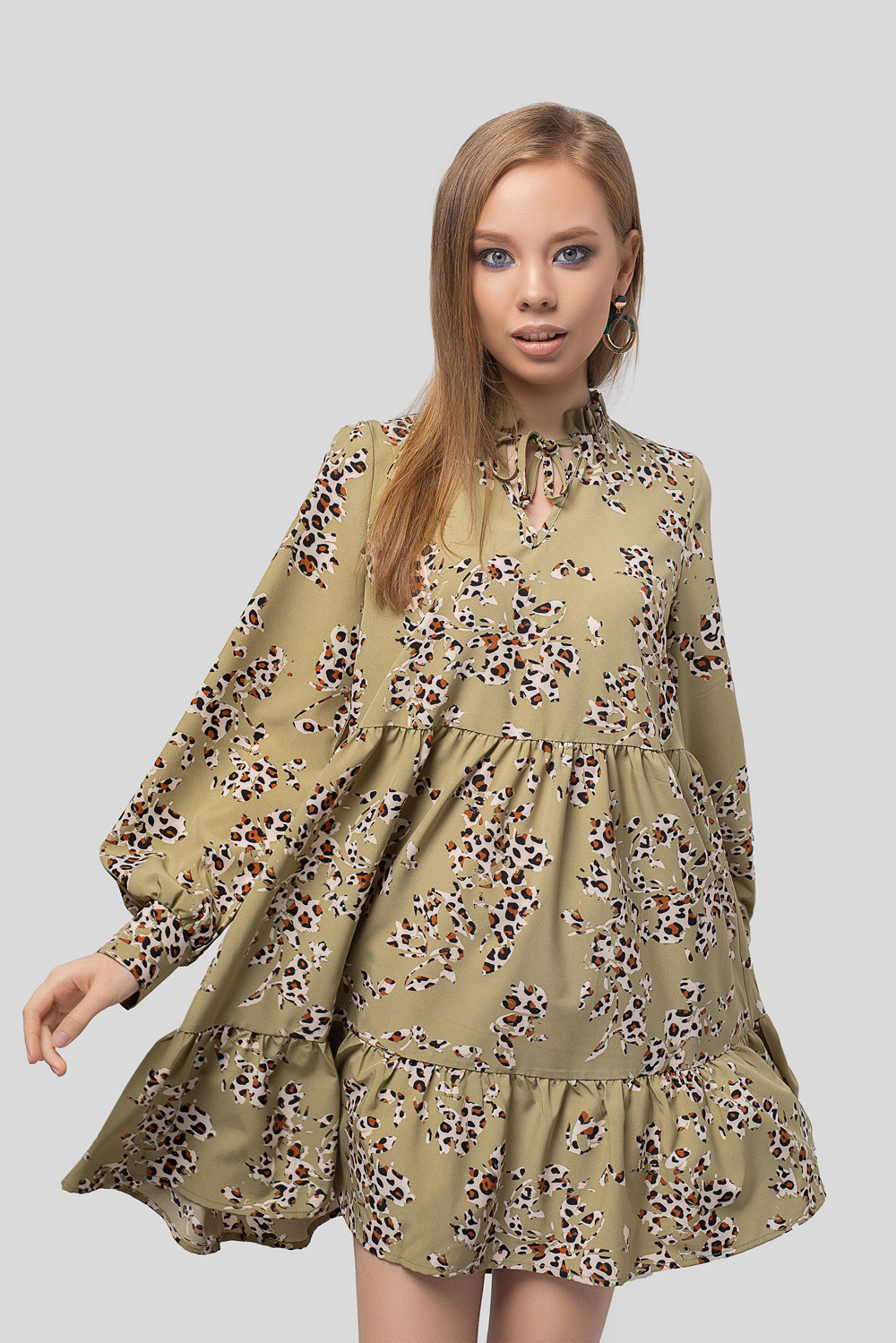 Леопардовое мини платье с завязками