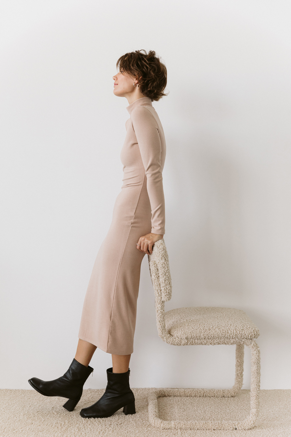 Beige Long Sleeve Silhouette Midi Dress