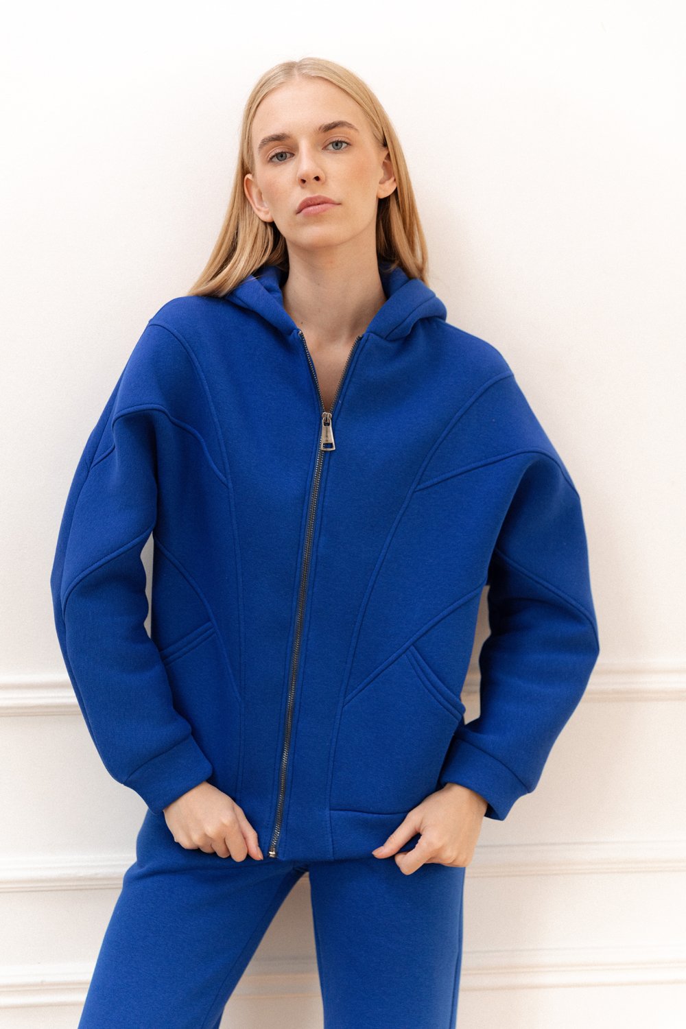 Blue fleece sweatshirt with hood