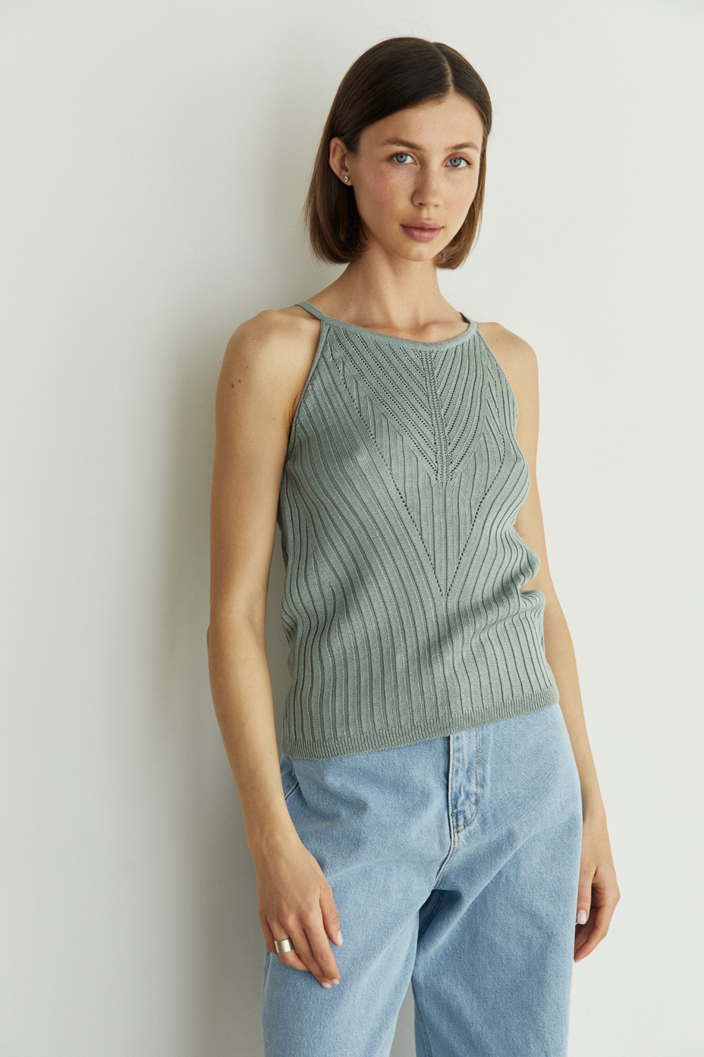 Olive knitted summer tank top with thin straps