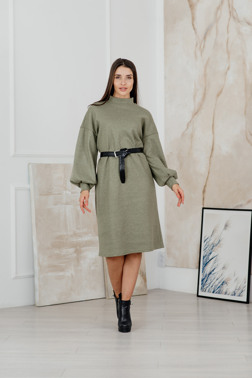 Warm angora dress with stand-up collar
