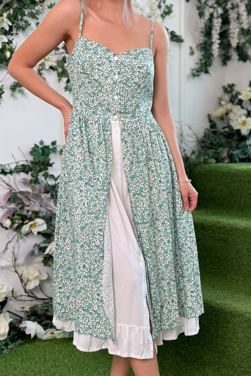Green sundress with straps and double skirt