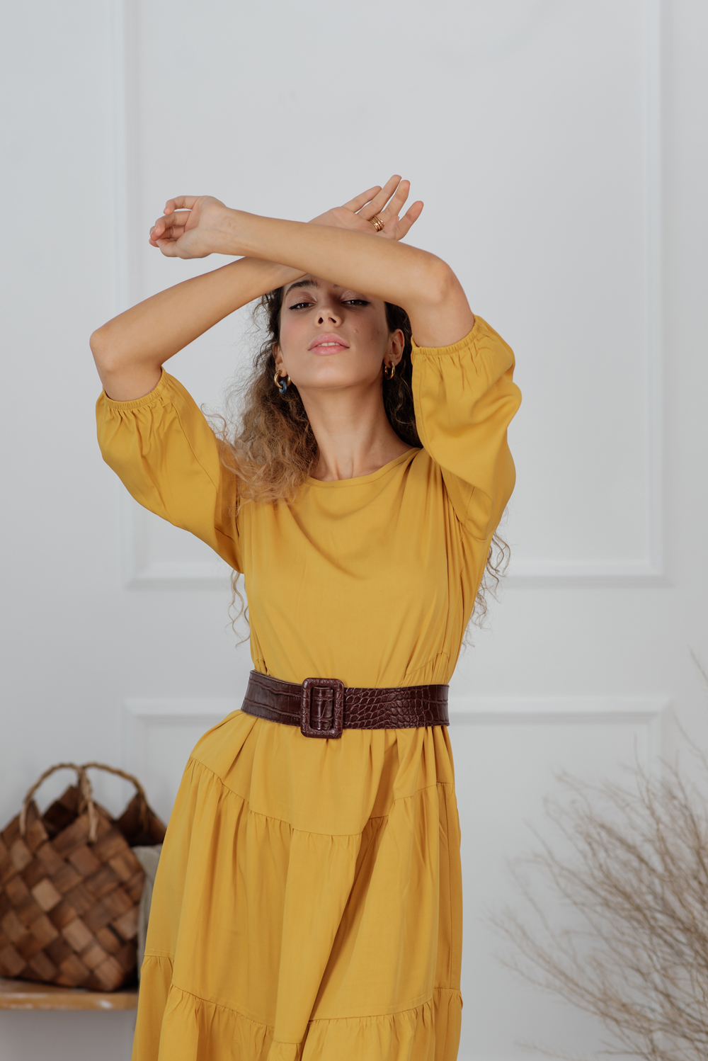 Round Neck Mustard Midi Dress