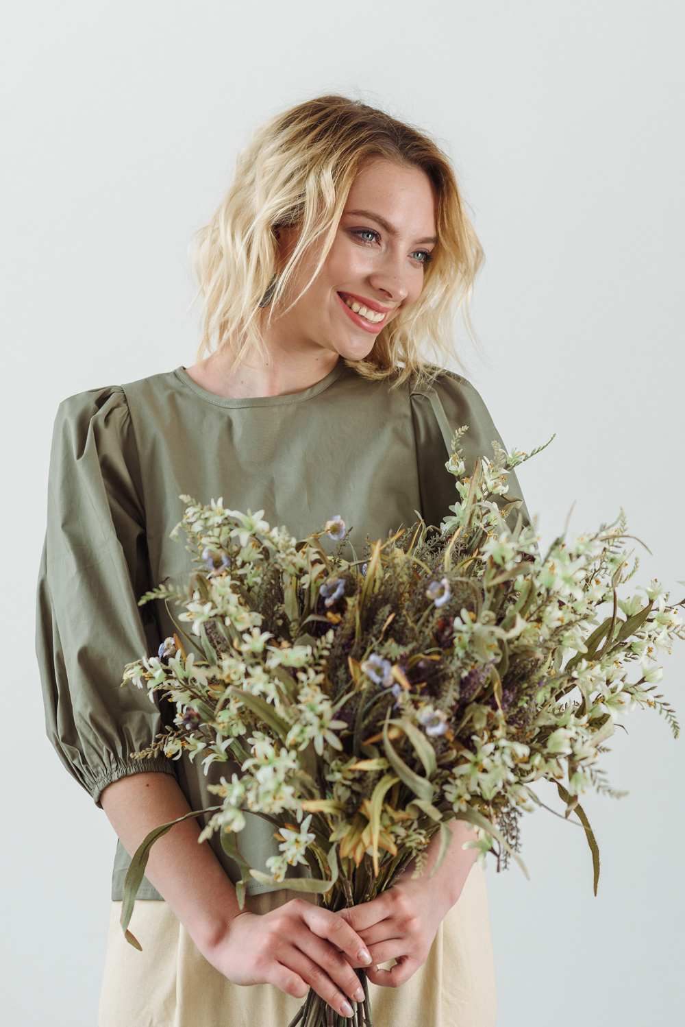 Puff Shoulder Khaki Blouse