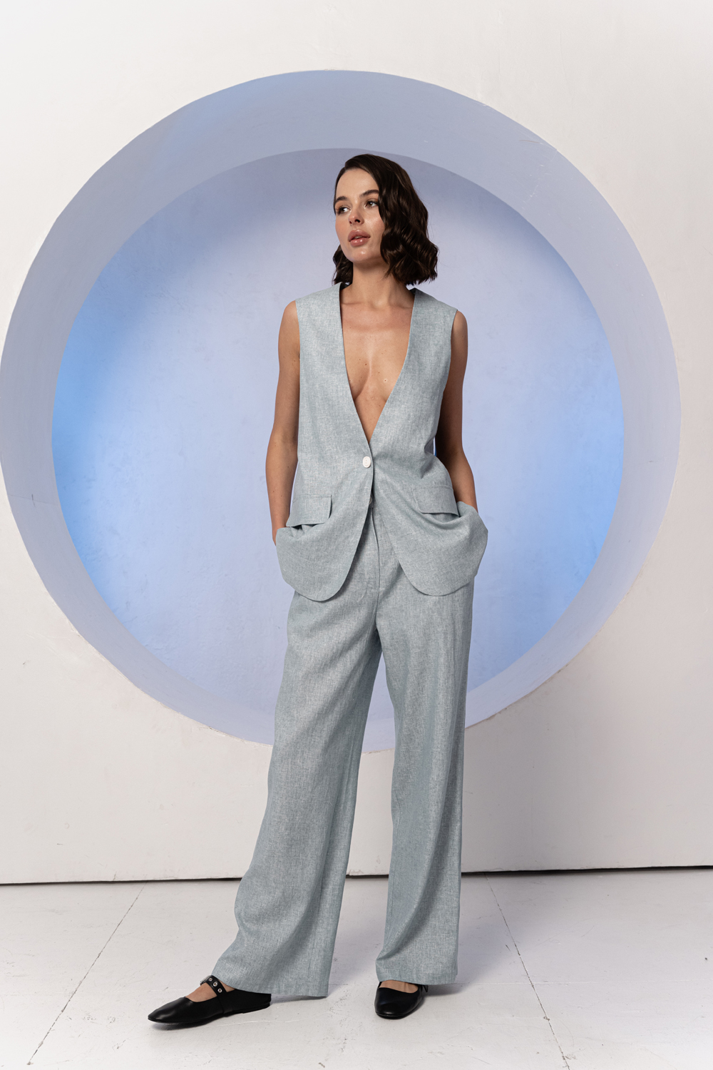 Gray-blue wide linen trousers with a belt