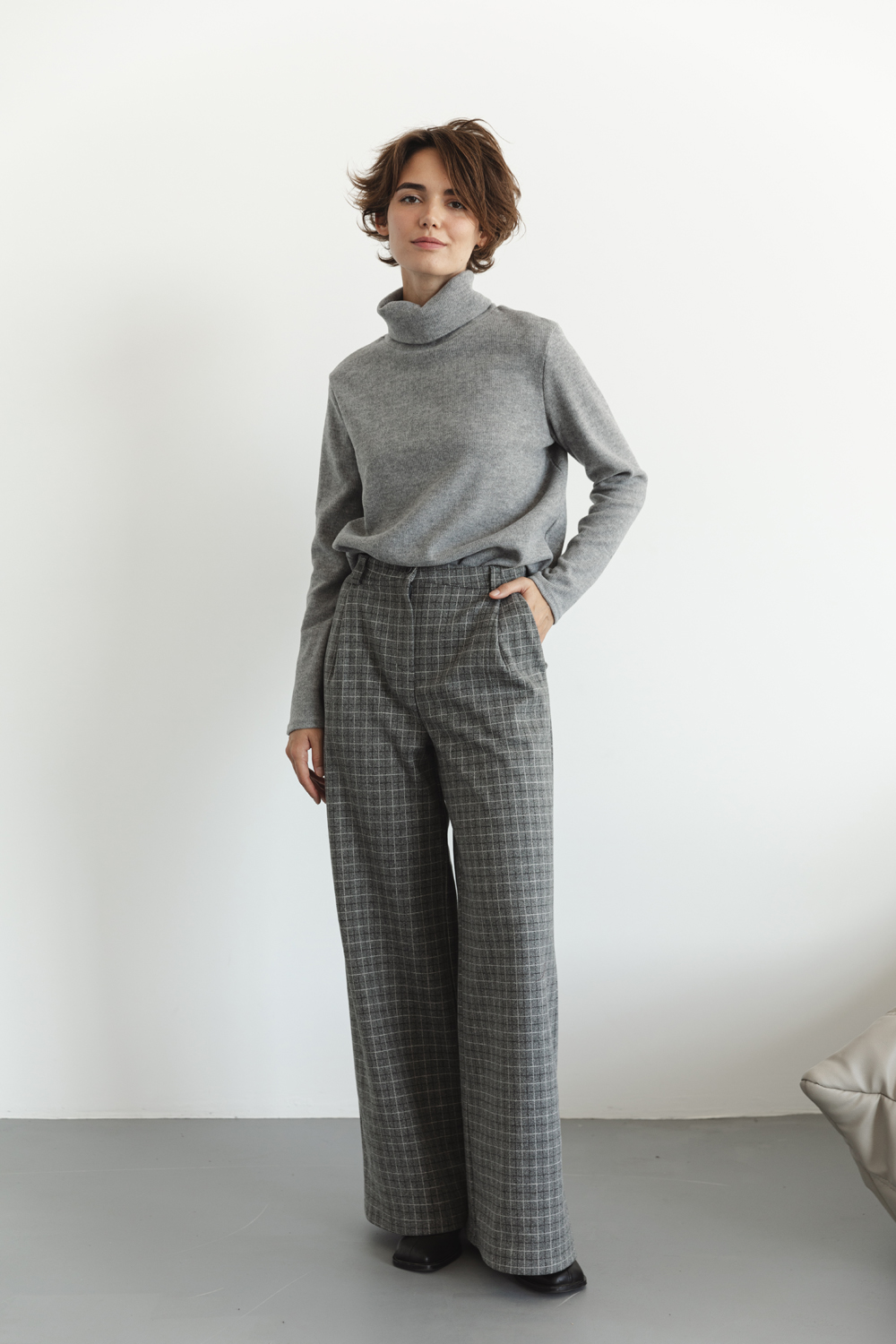 Gray Checked Wide Leg Palazzo Pants