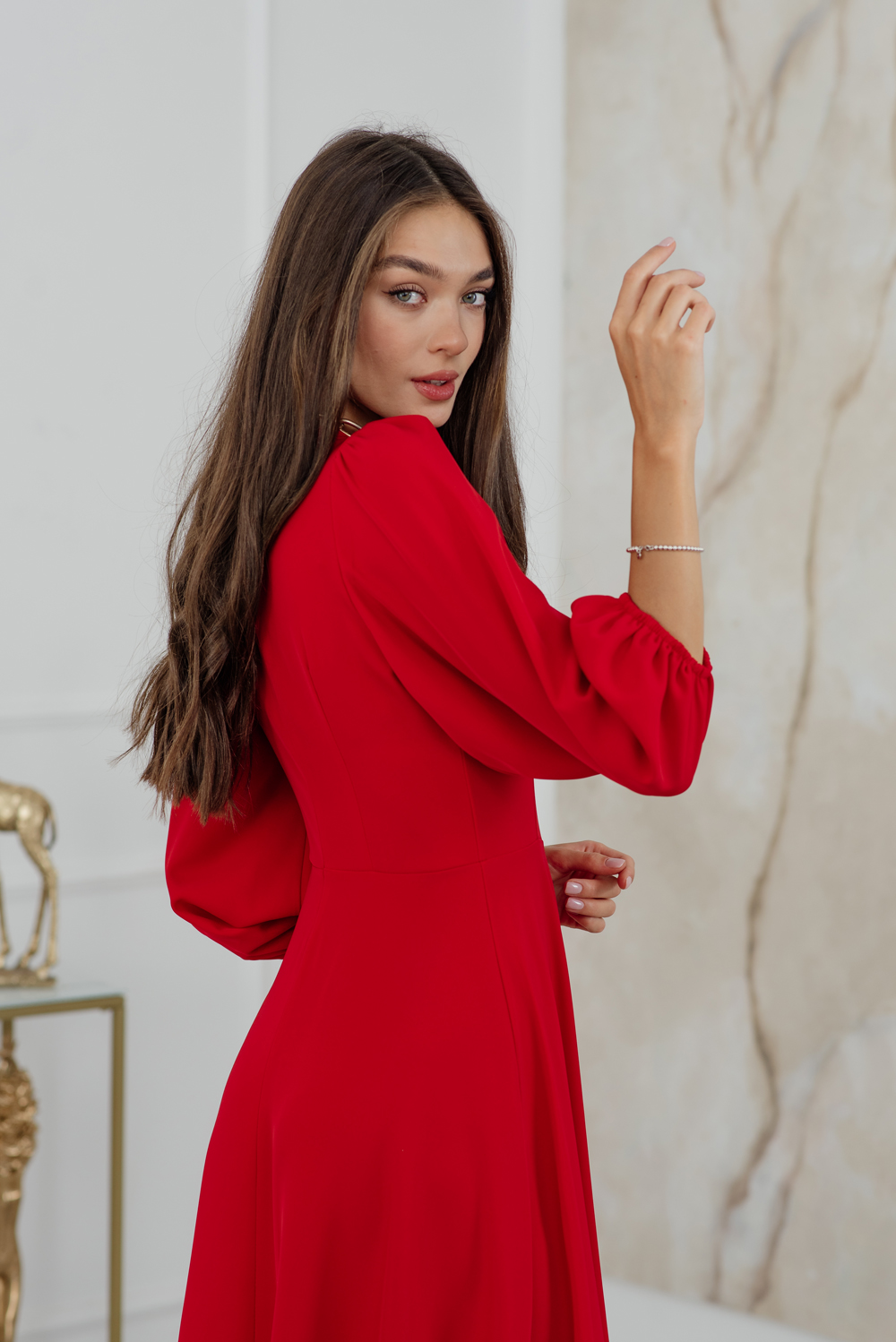Red midi dress with flared skirt
