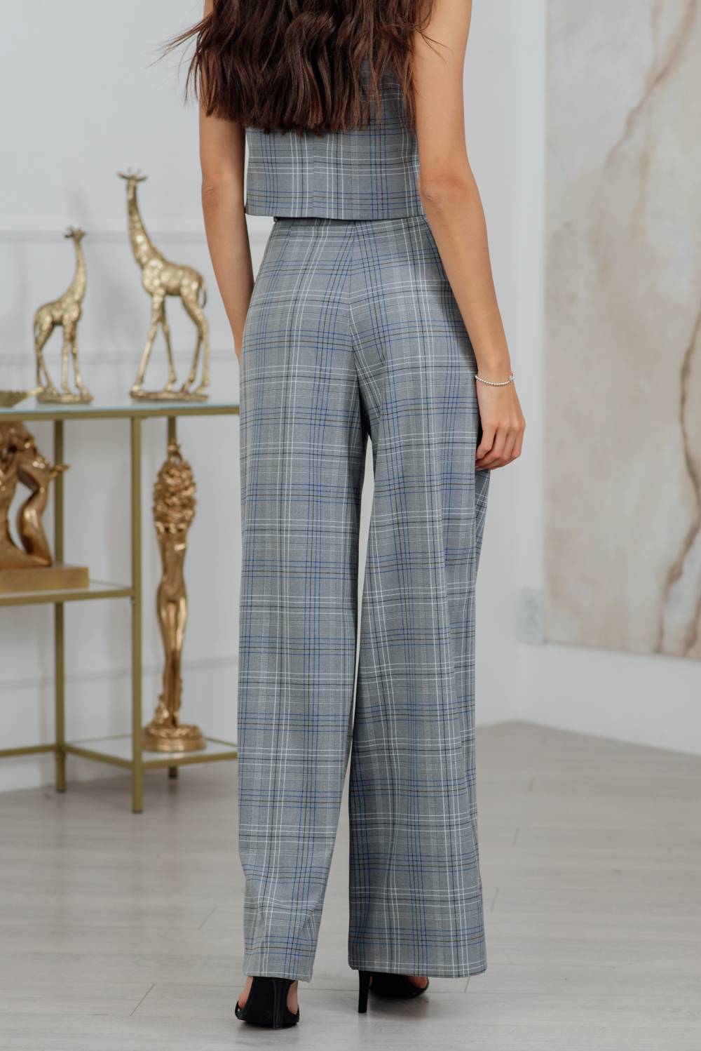 Gray and blue check palazzo trousers