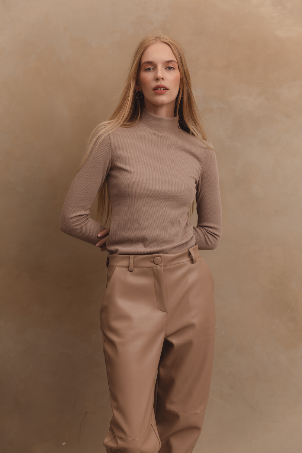 Beige eco-leather straight-leg trousers