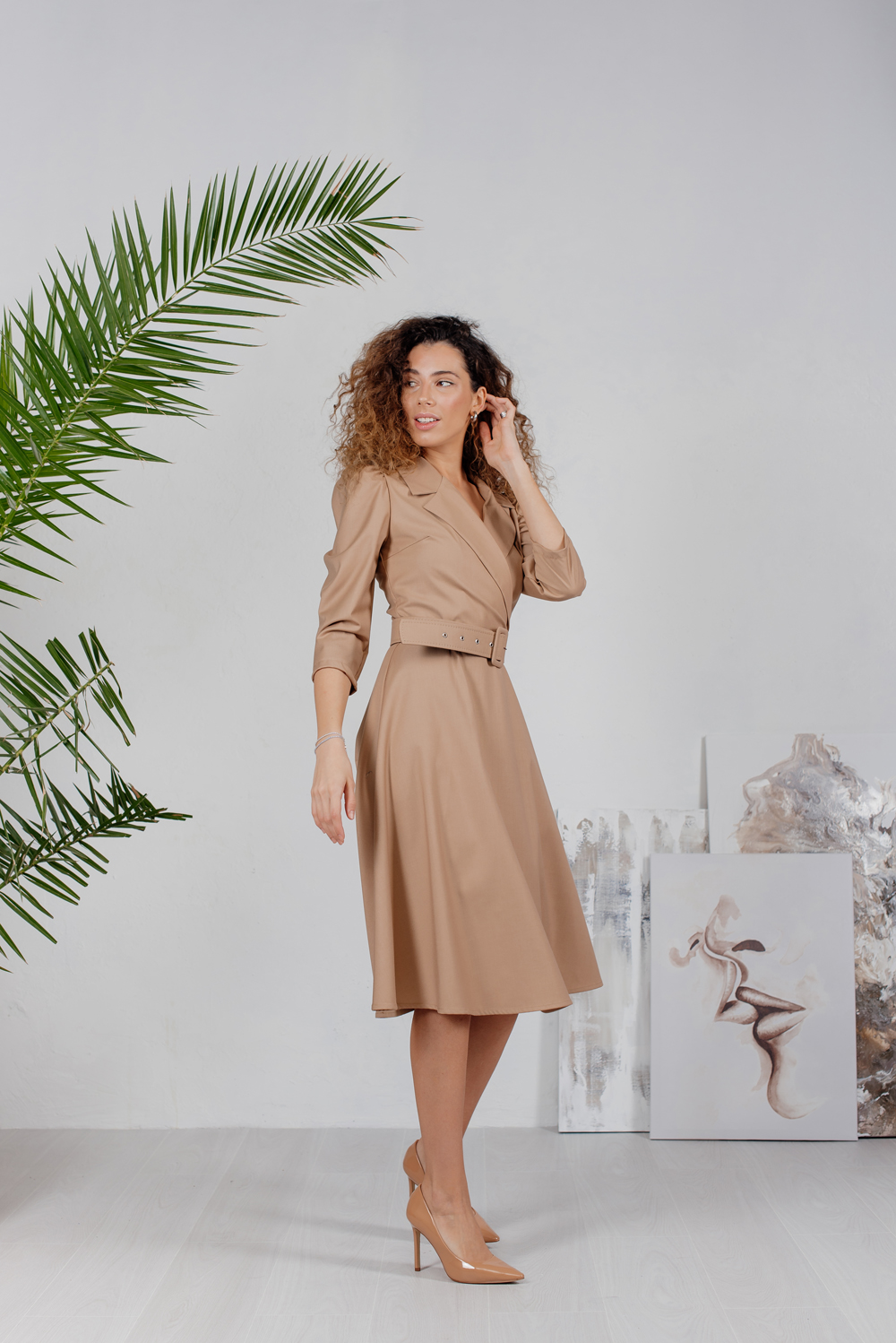 Beige midi dress with English collar