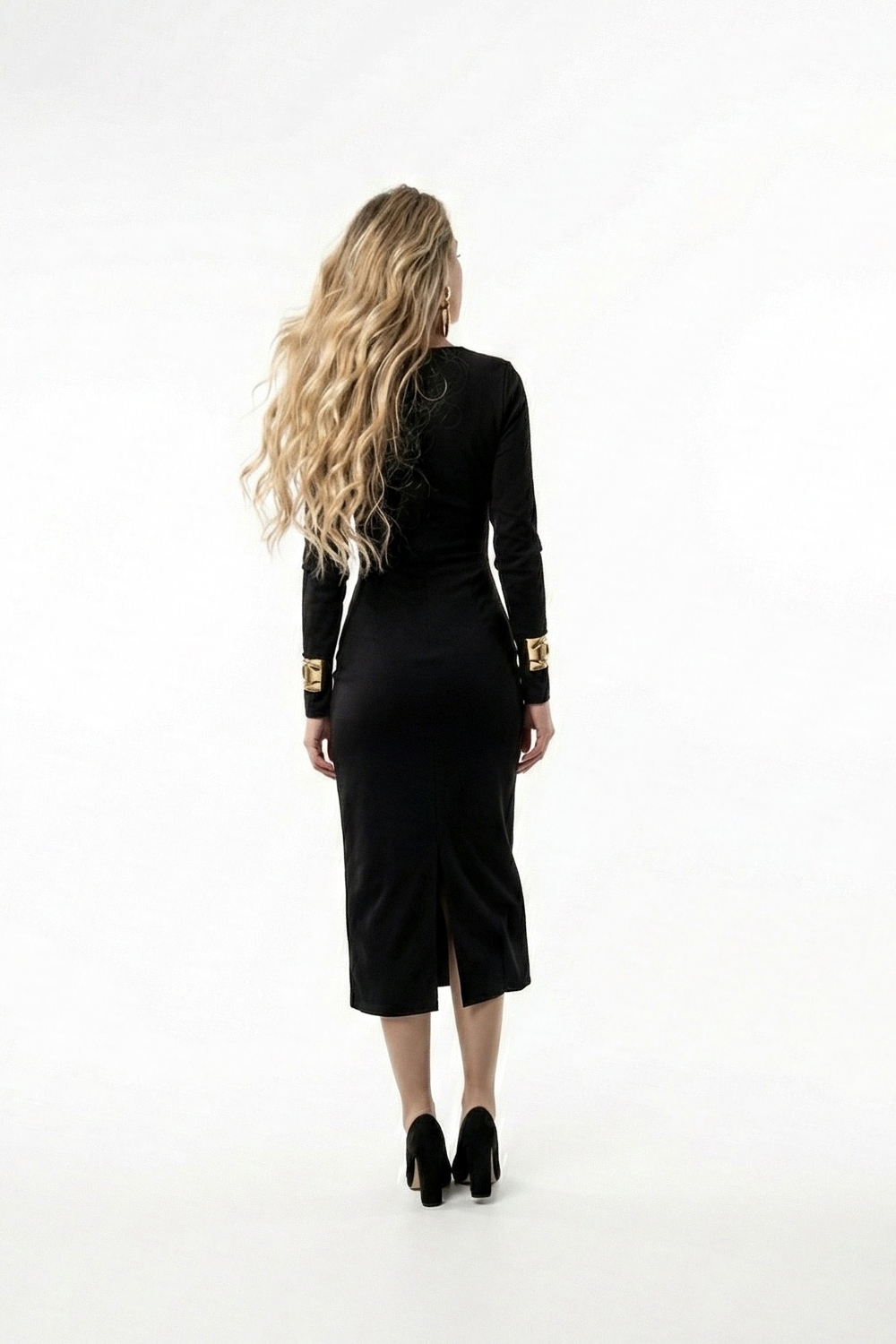 Black bodycon midi dress with side slit