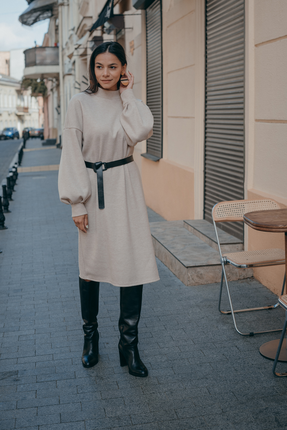 Beige Midi Dress with Stand-up Collar