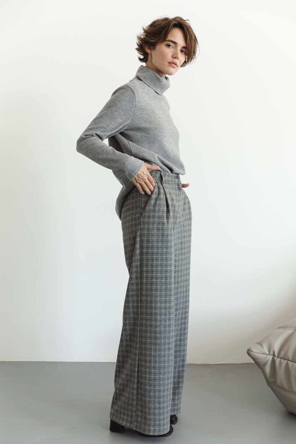 Gray Checked Wide Leg Palazzo Pants