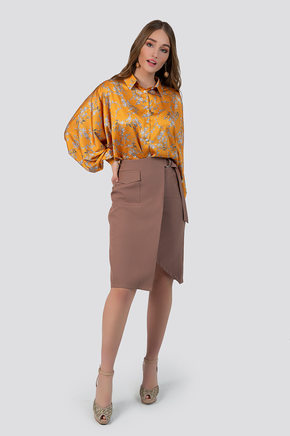 Yellow silk blouse with puff sleeves