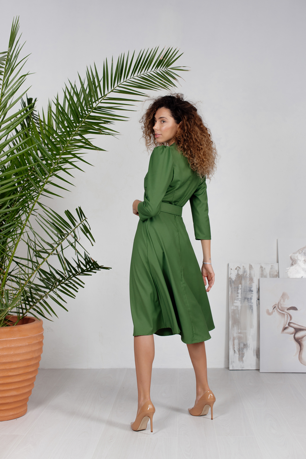 Green midi dress with belt