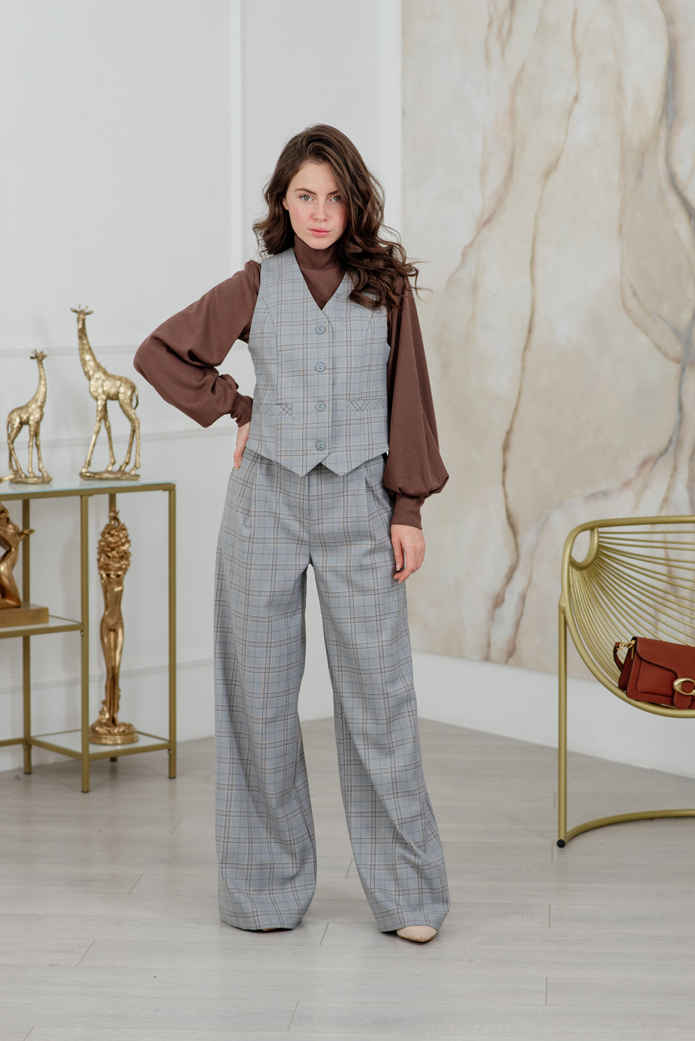 Gray check palazzo trousers