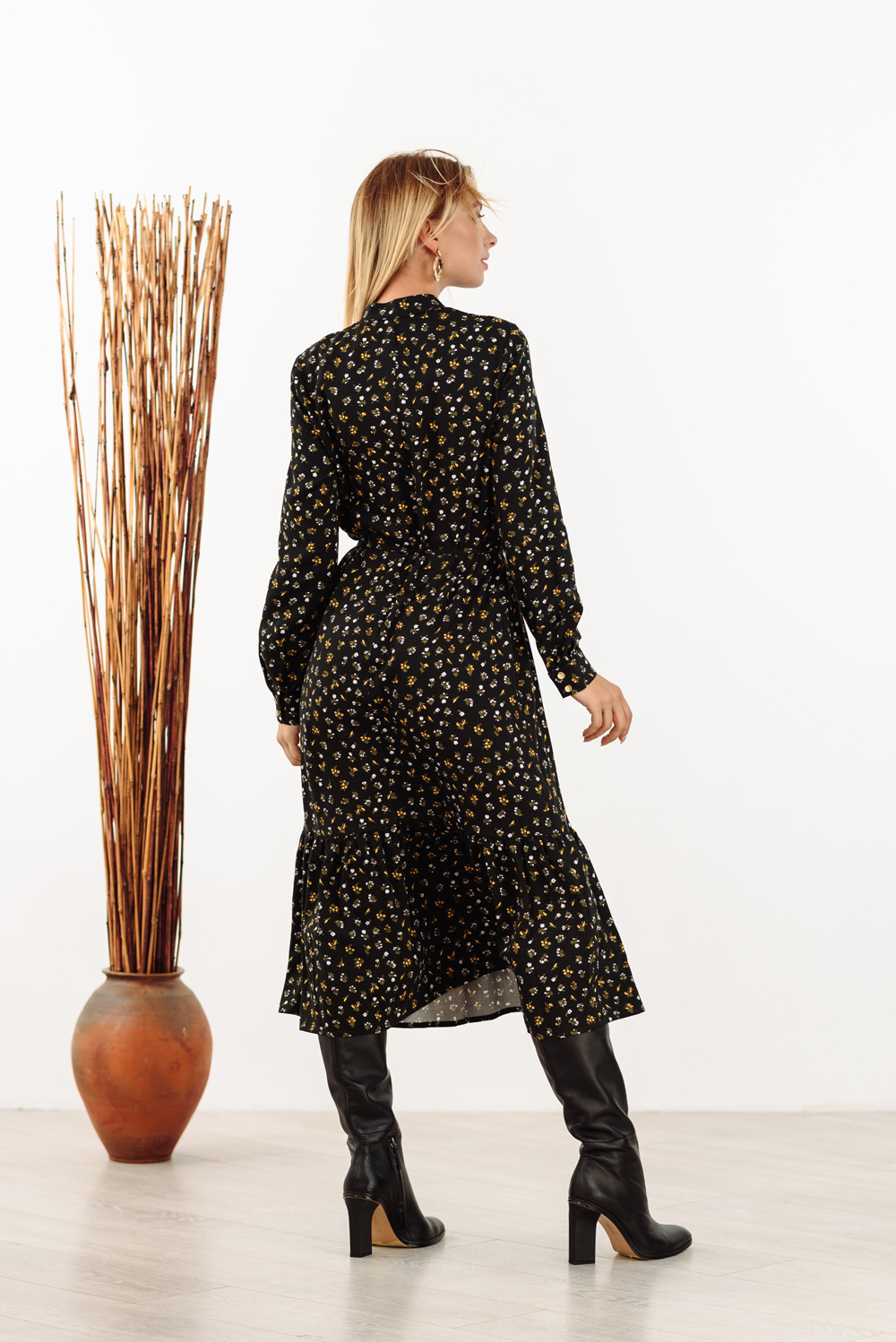 Black long dress in floral print