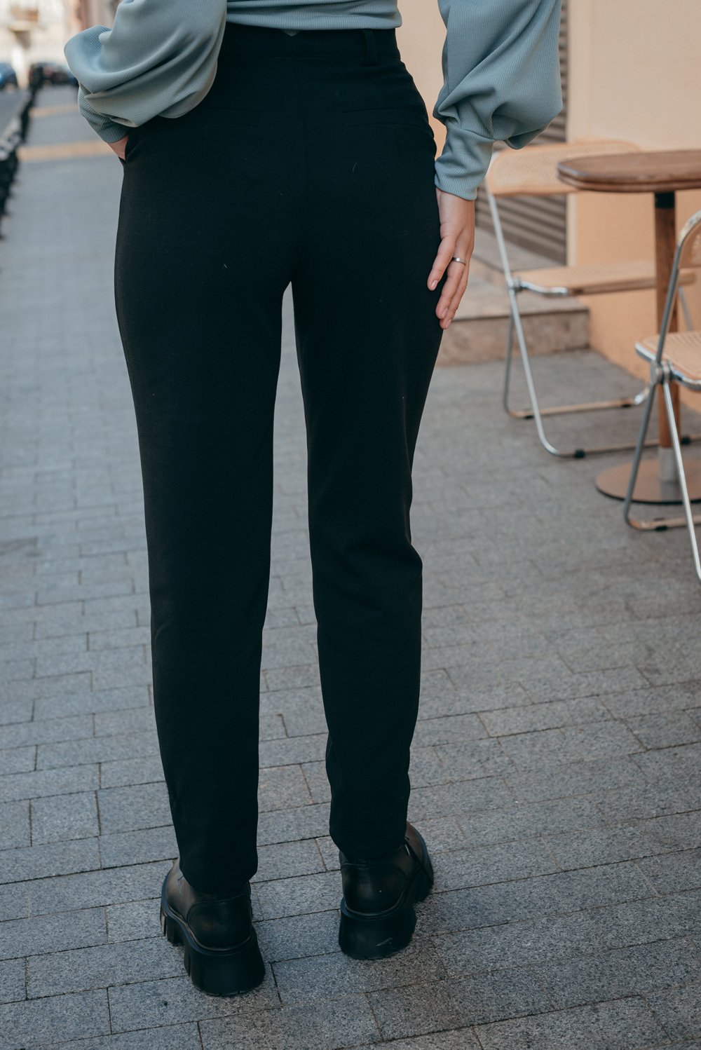 Black trousers with beveled waistband