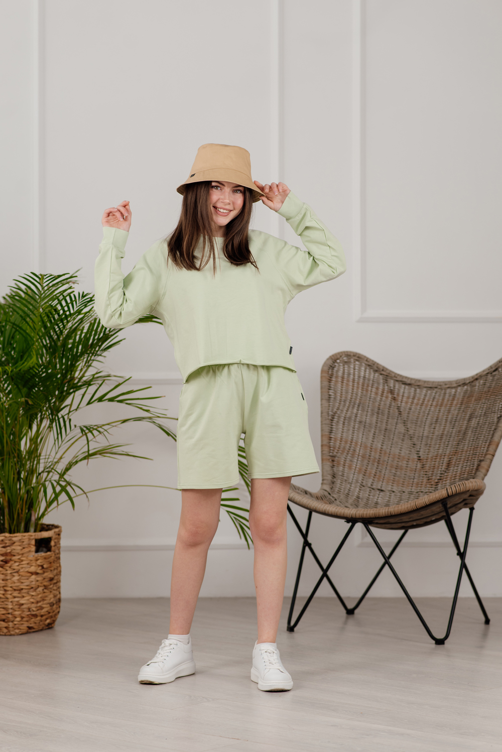 Olive Cotton Suit with Longline Shorts