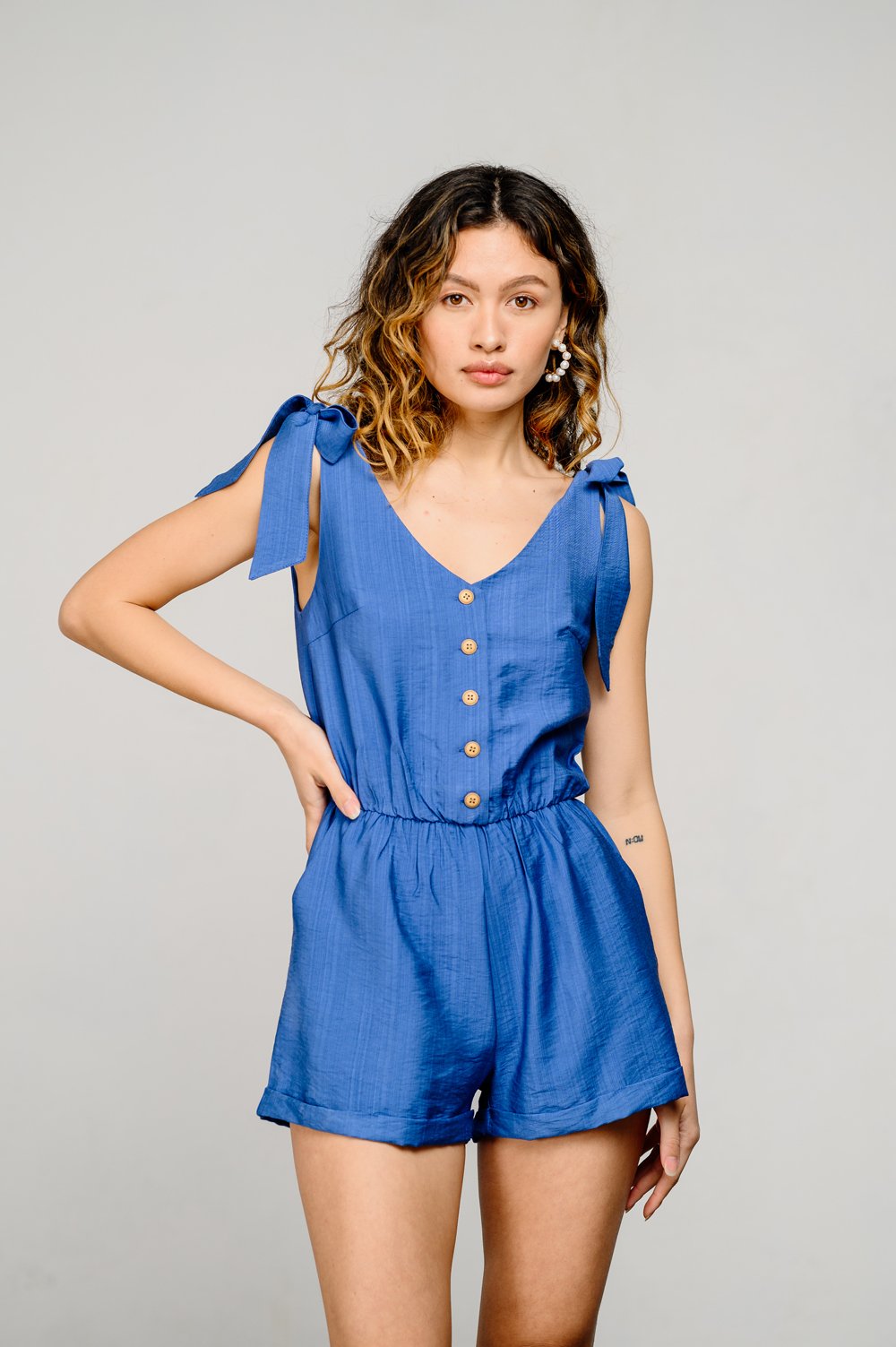 Grey-blue jumpsuit with elasticated waist