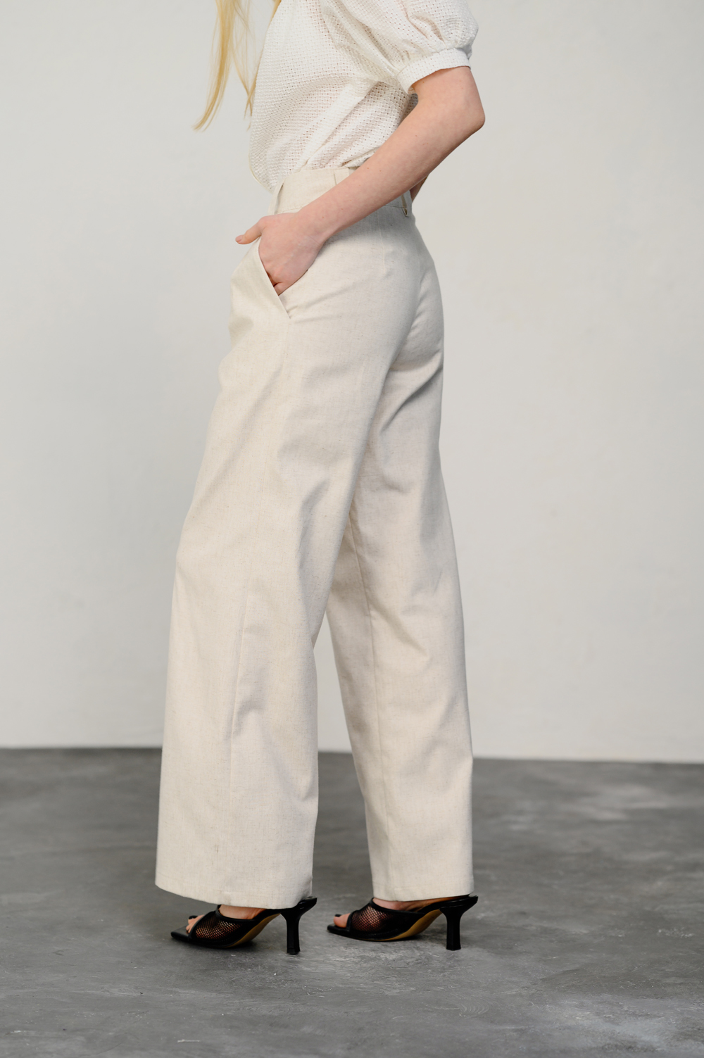 Ivory linen wide leg trousers