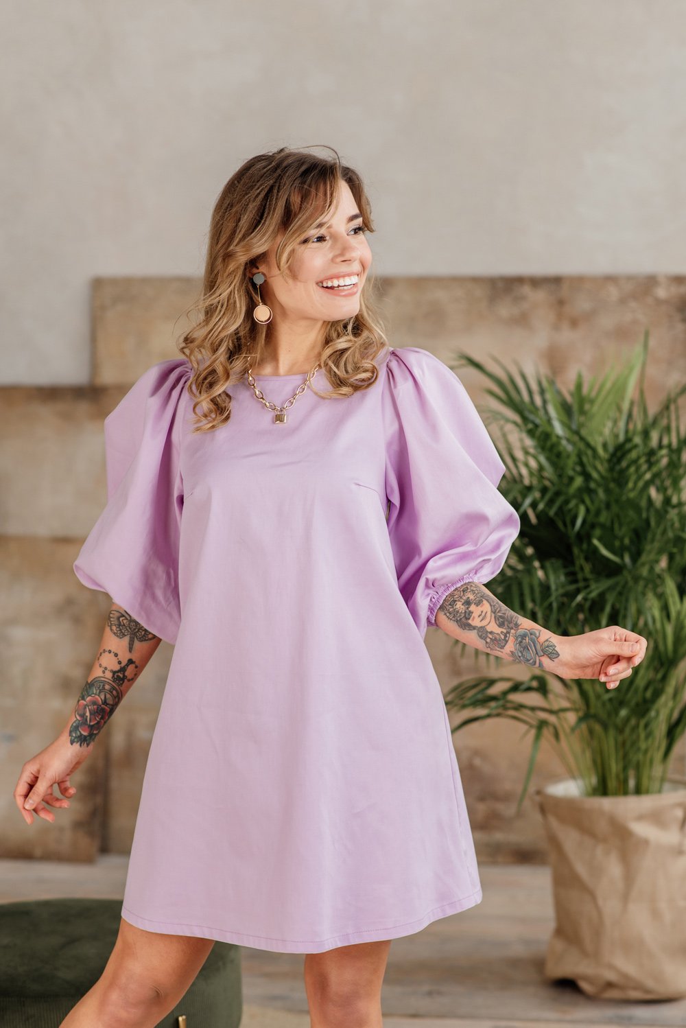 Cotton dress with puff sleeves