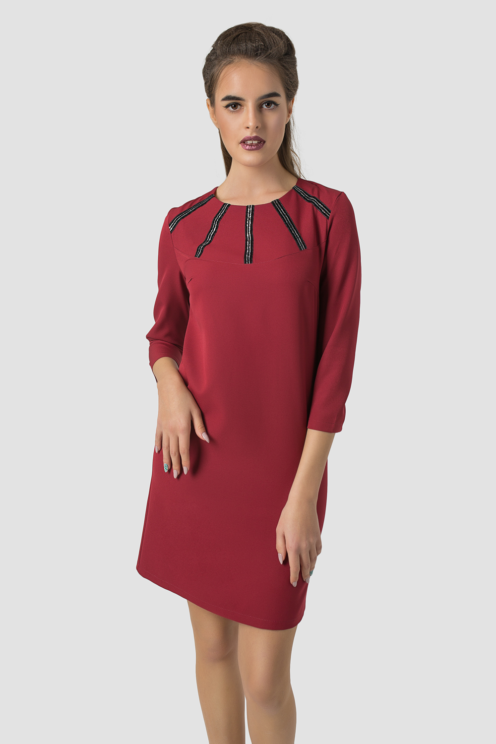 Dress with decorative trim in burgundy