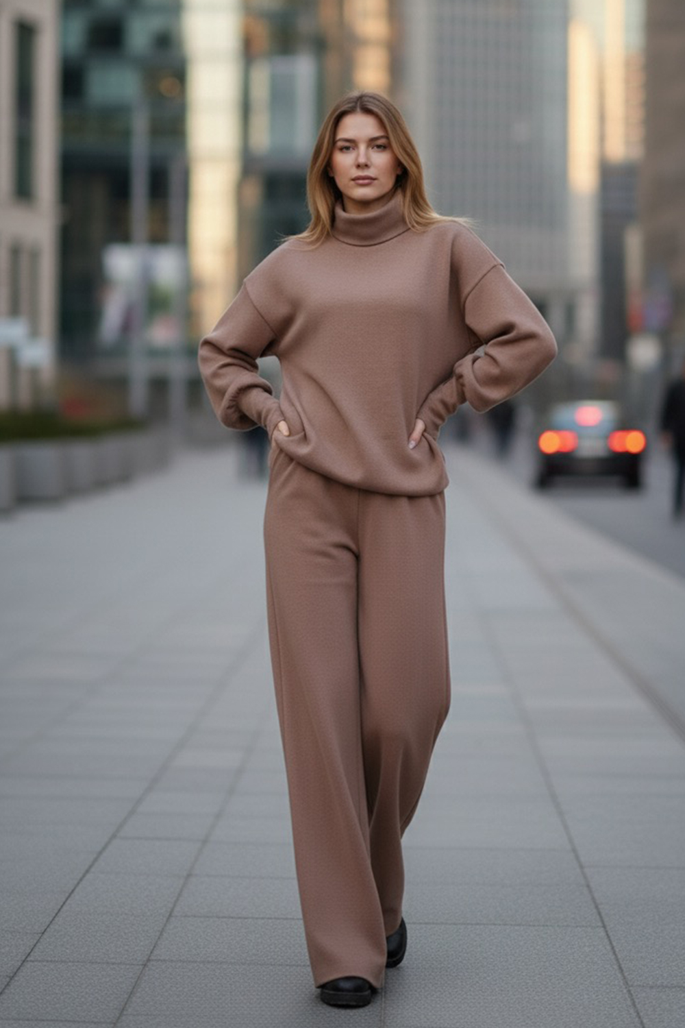 A walking suit made of soft knitted angora in the color 