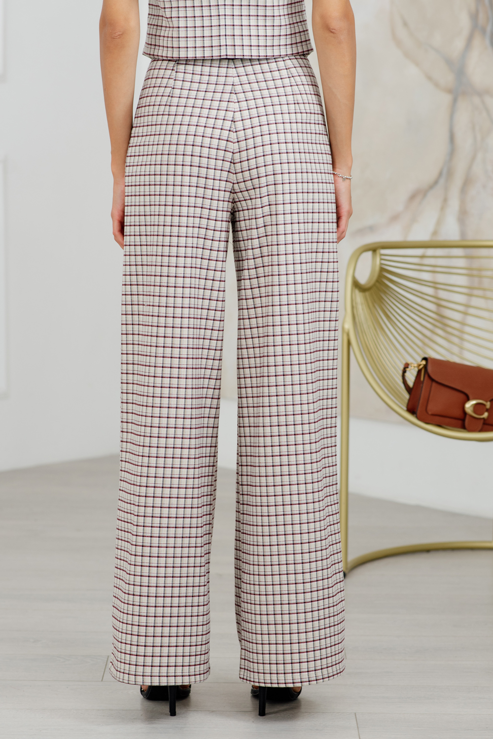 Beige check palazzo trousers