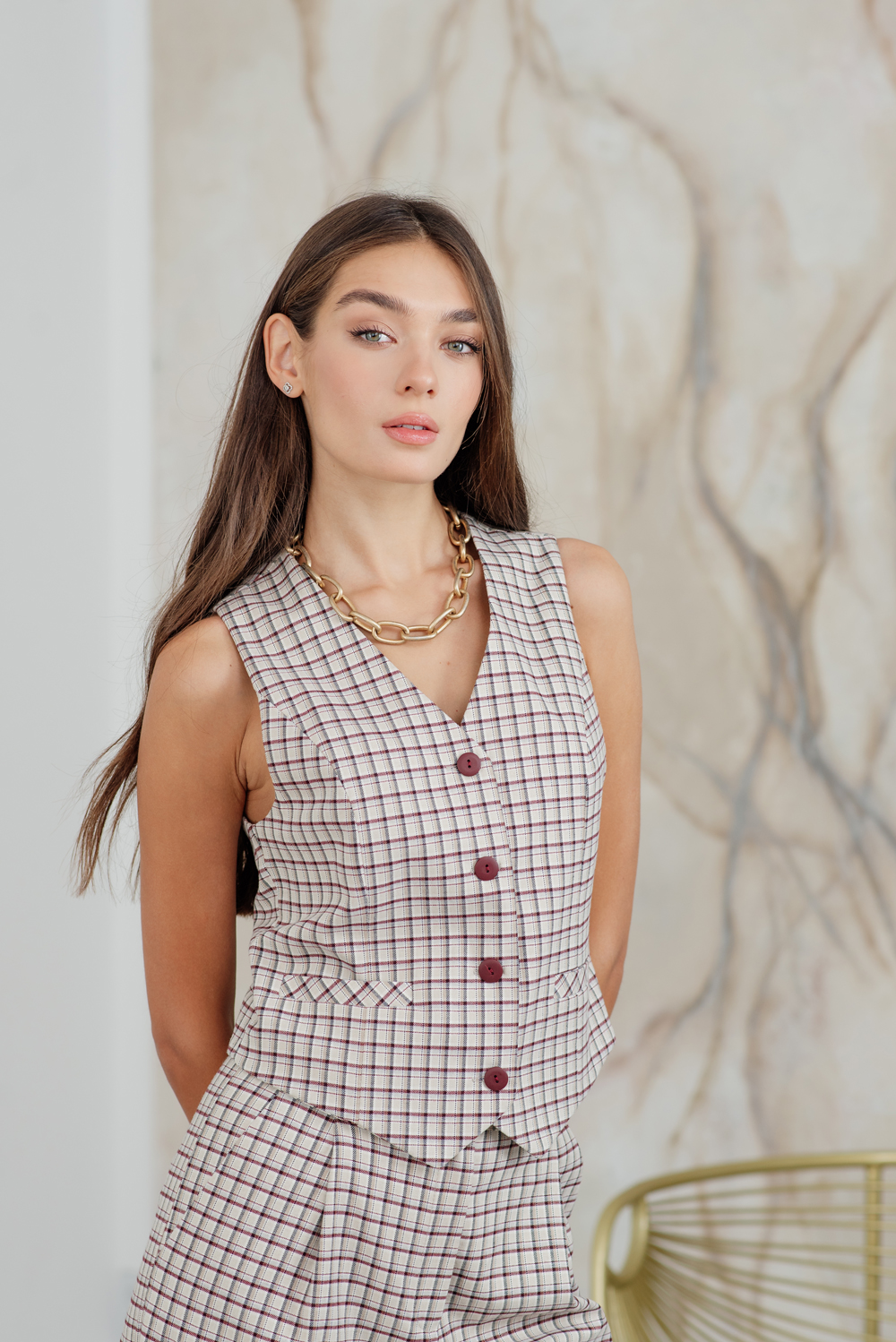 Beige Check Waistcoat