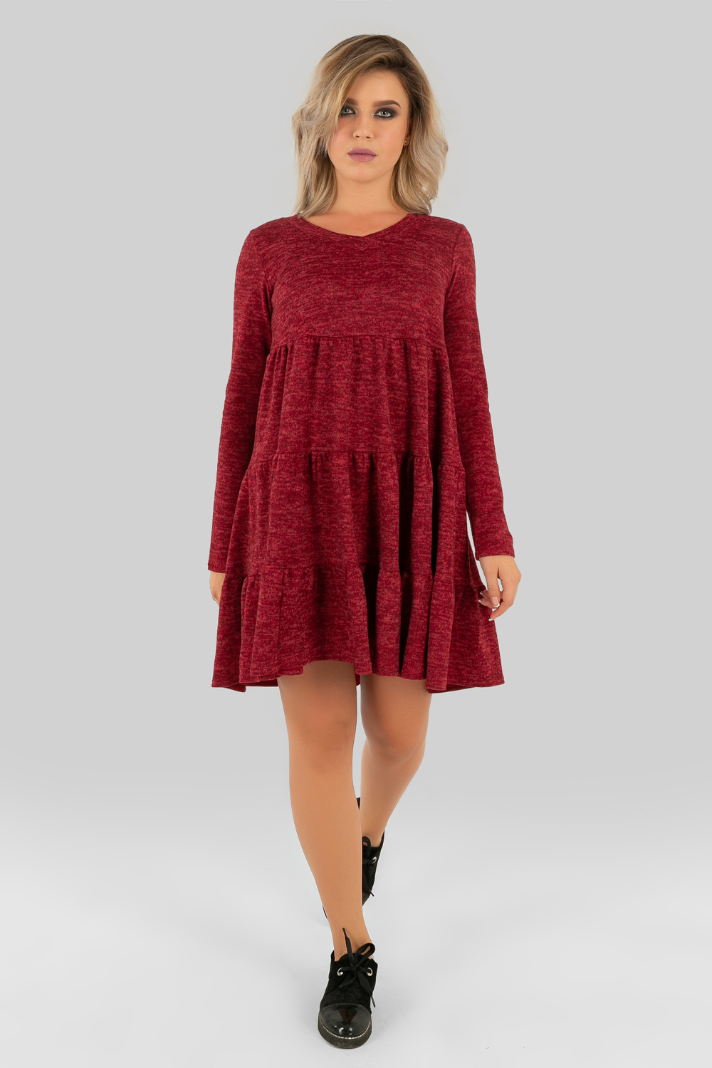 Knit dress with angora ruffles in burgundy colour
