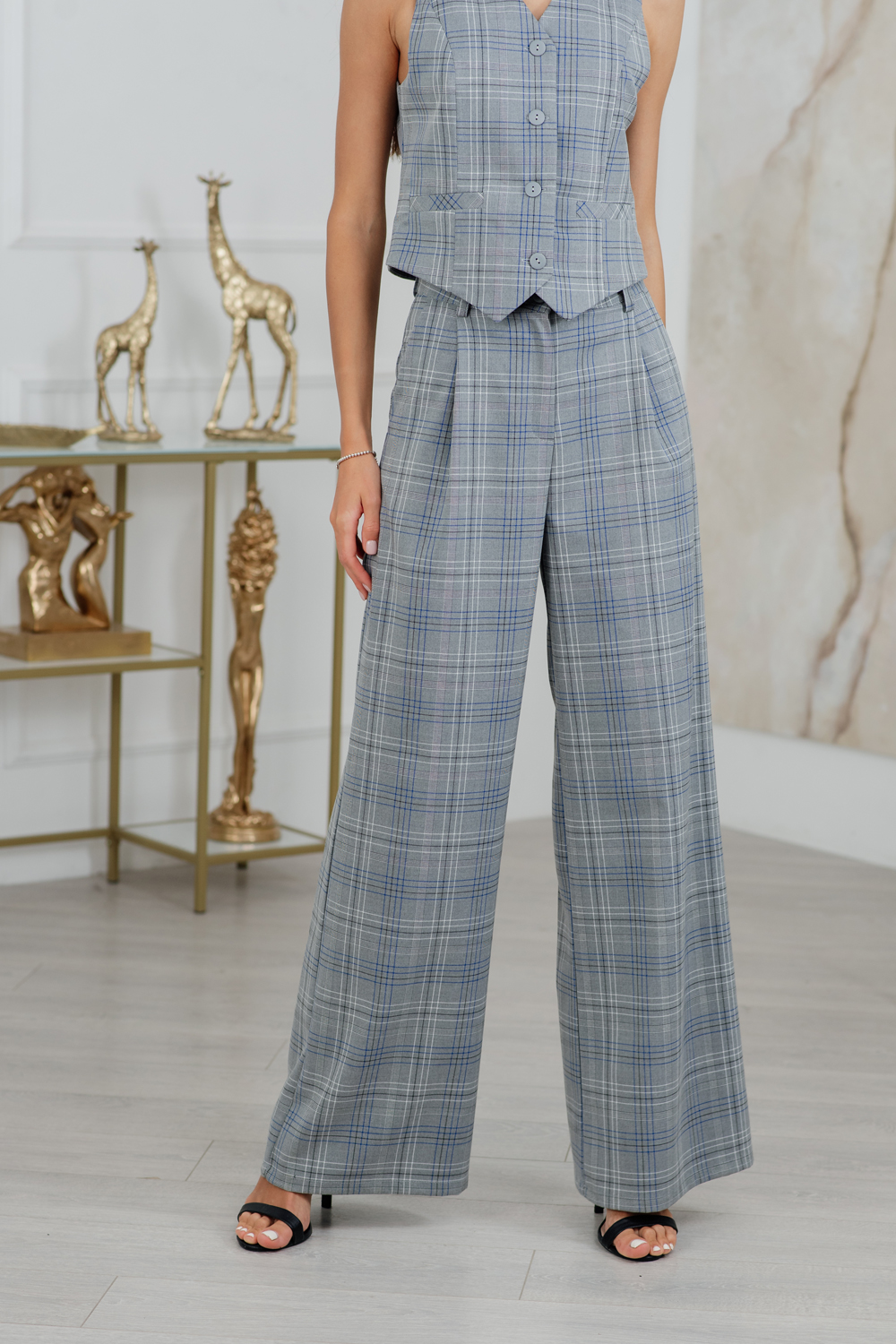Gray and blue check palazzo trousers