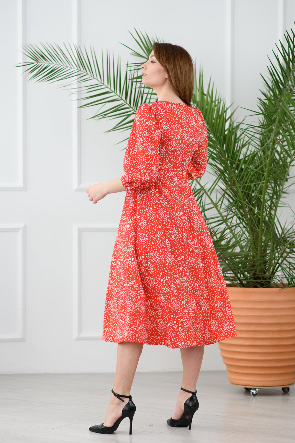 Red long floral print dress