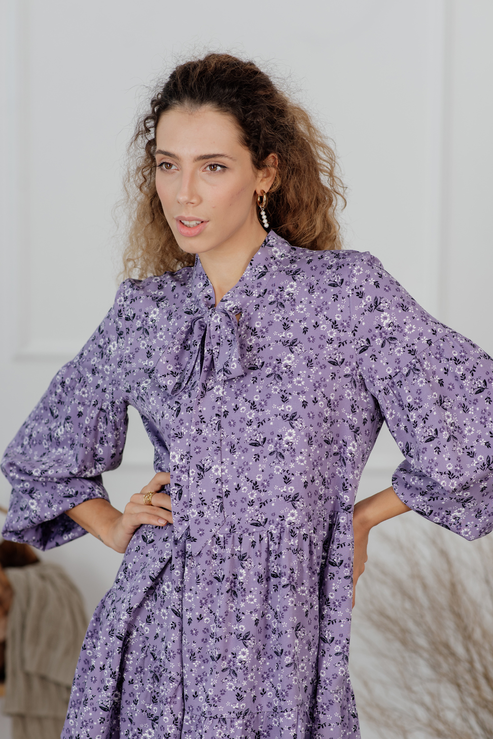 Lavender mini dress with voluminous sleeves