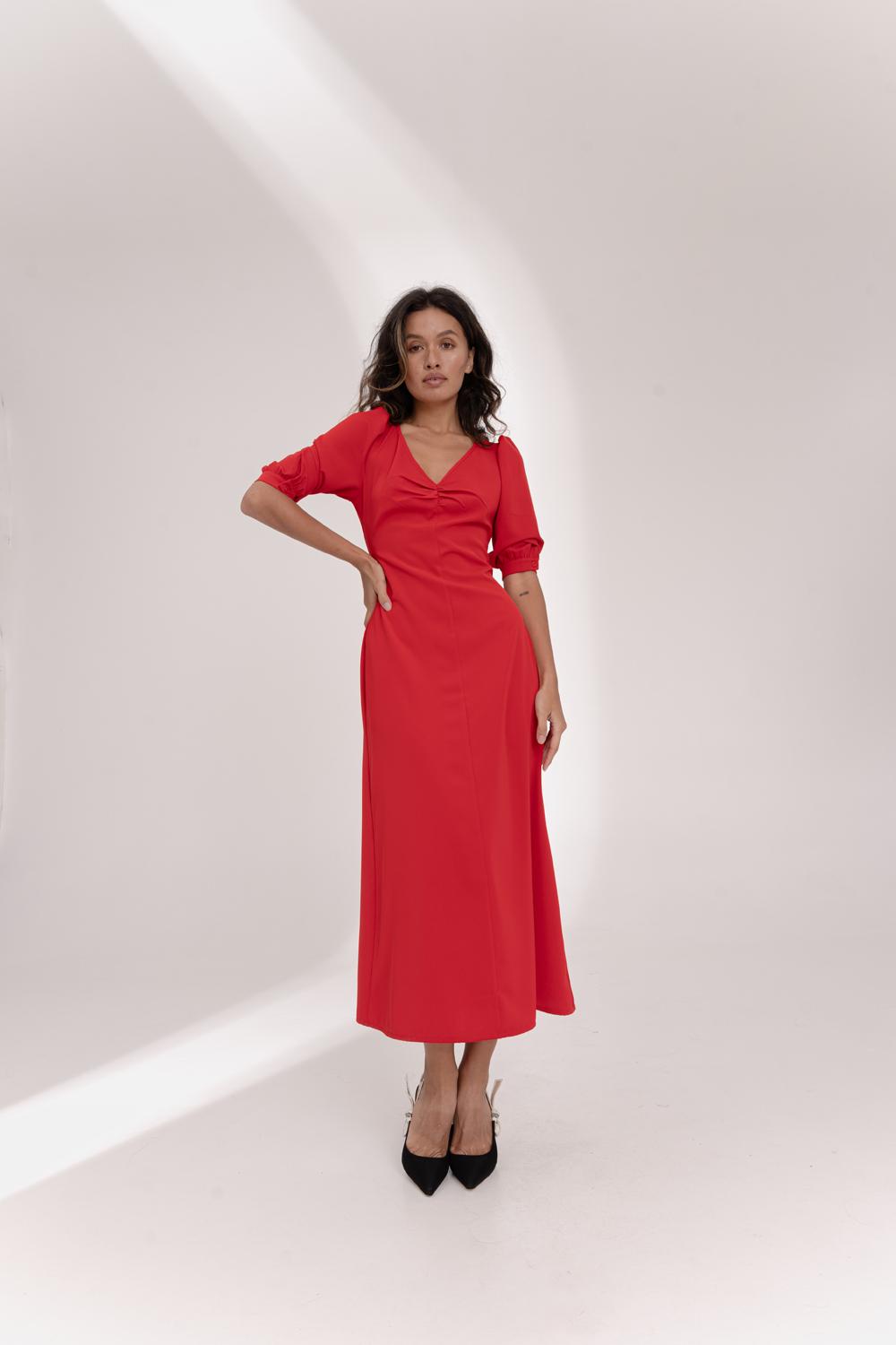 Red flowy dress with ruching at the chest