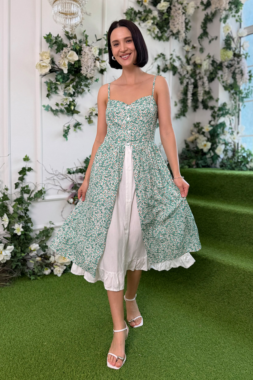 Green sundress with straps and double skirt