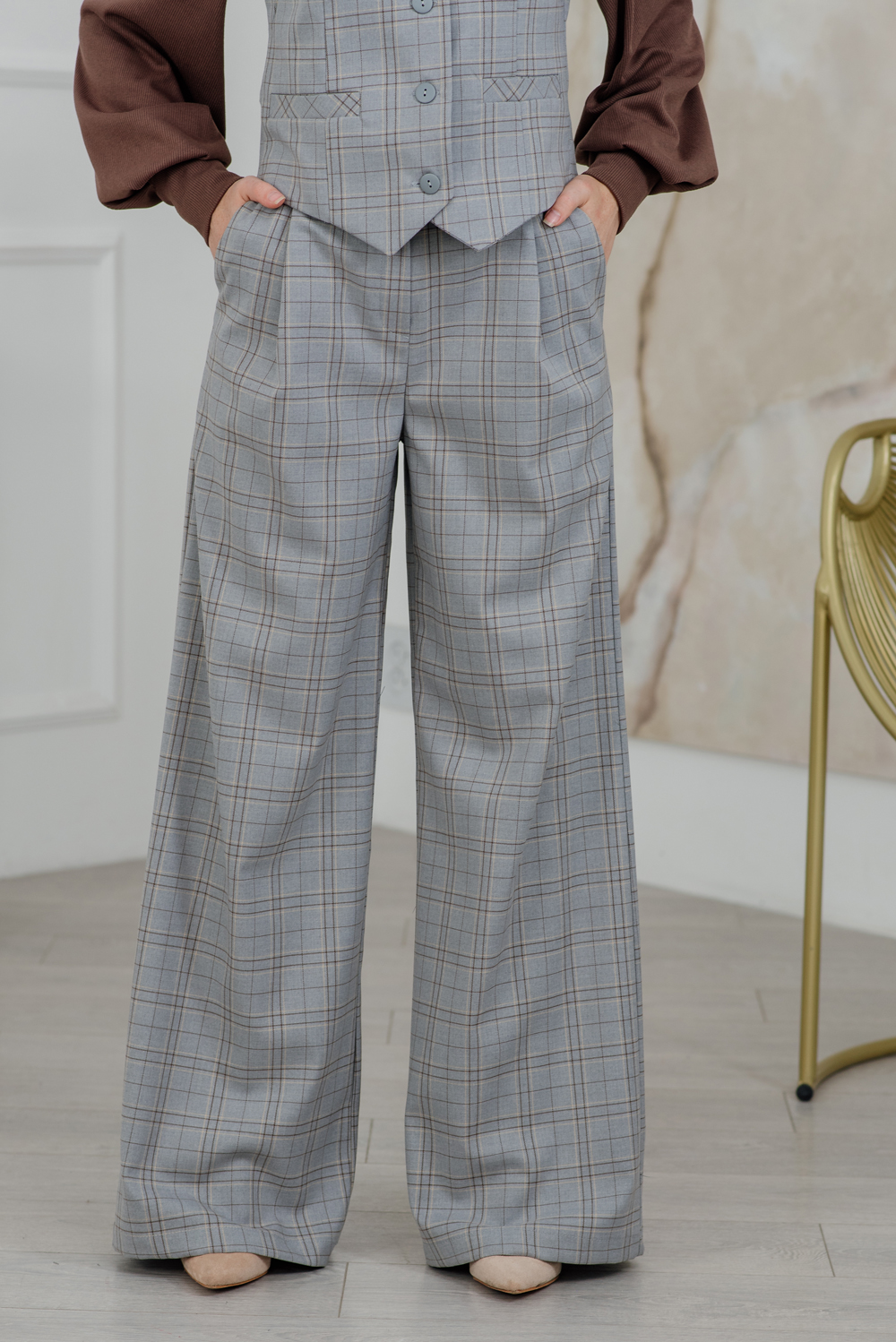 Gray check palazzo trousers